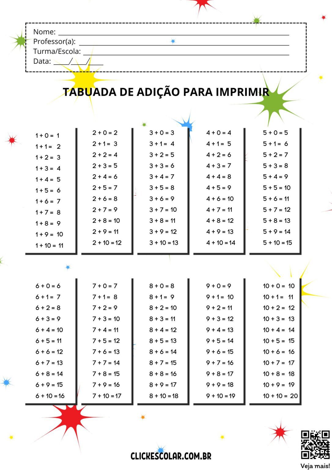 Tabuada de Adição para imprimir – Click Escolar