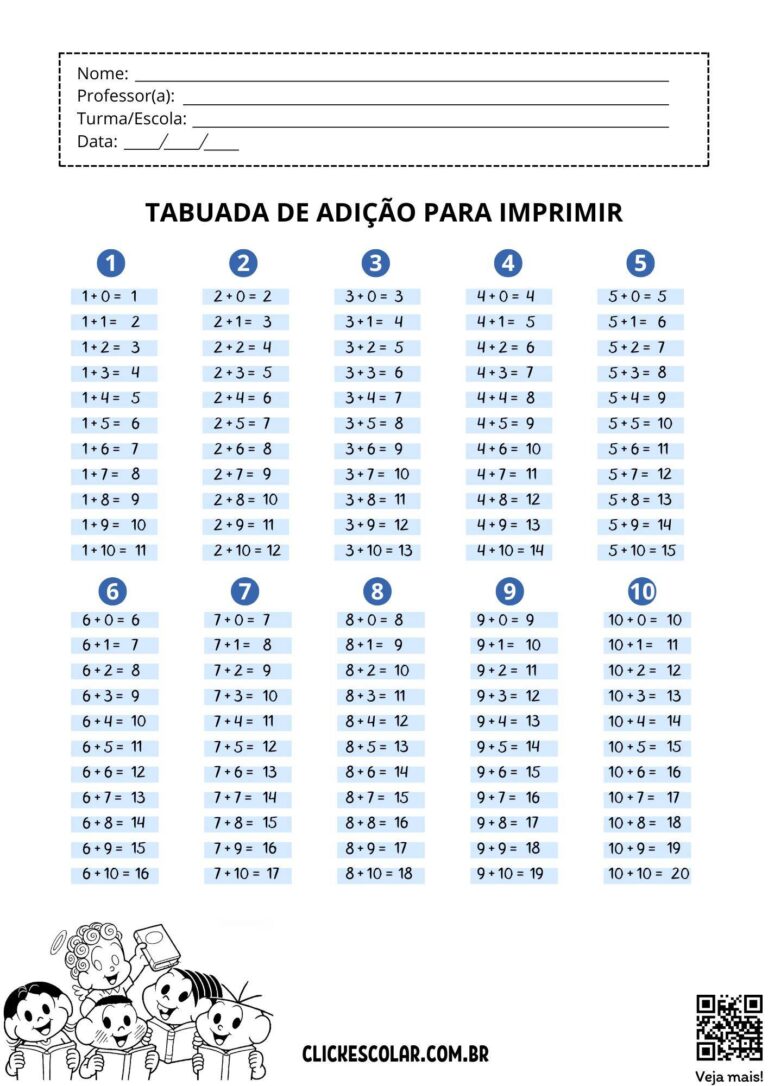 Tabuada de Adição para imprimir – Click Escolar